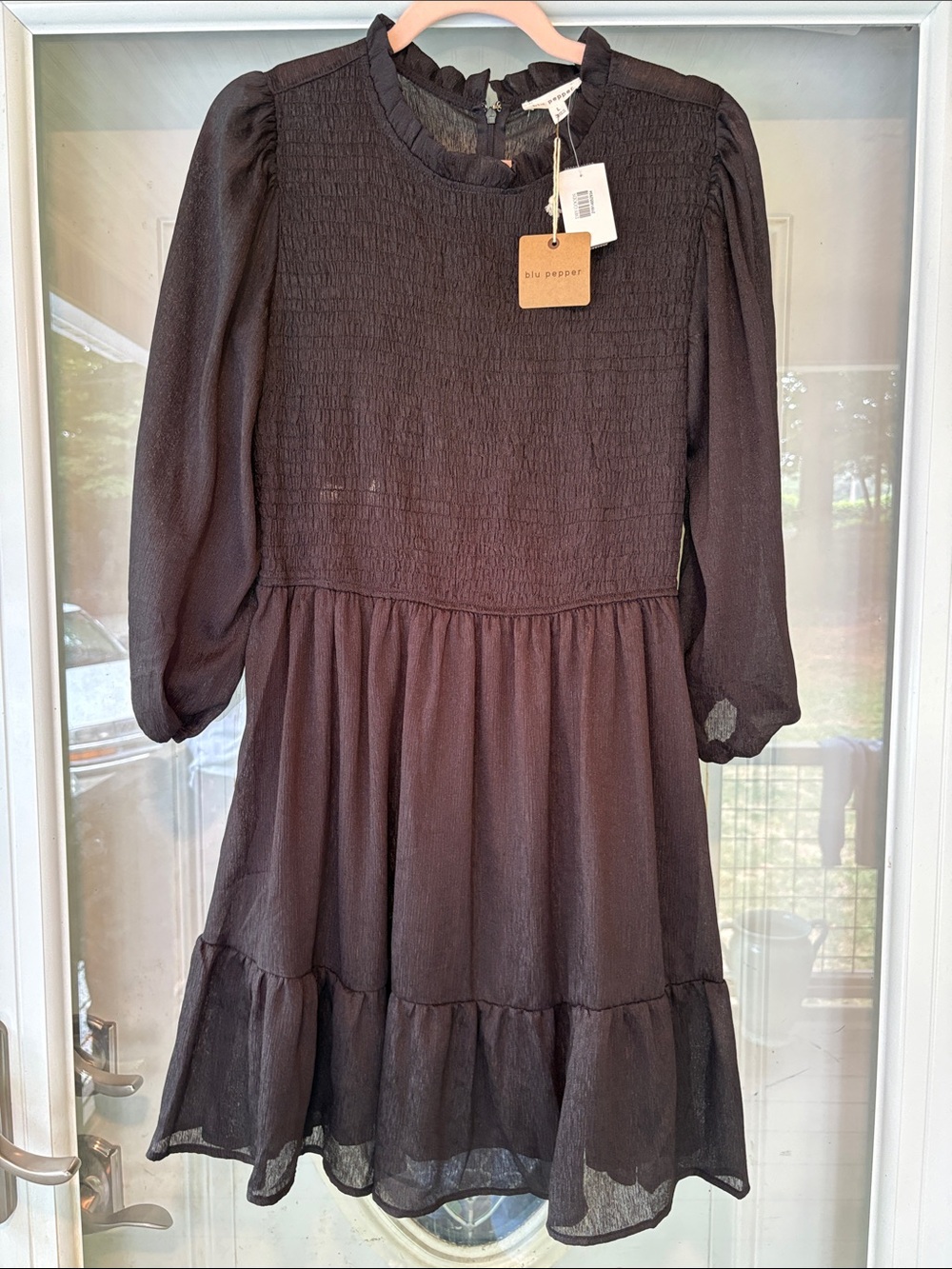 NWT Blu Pepper Black Long-Sleeve Tiered Smocked Bodice Dress